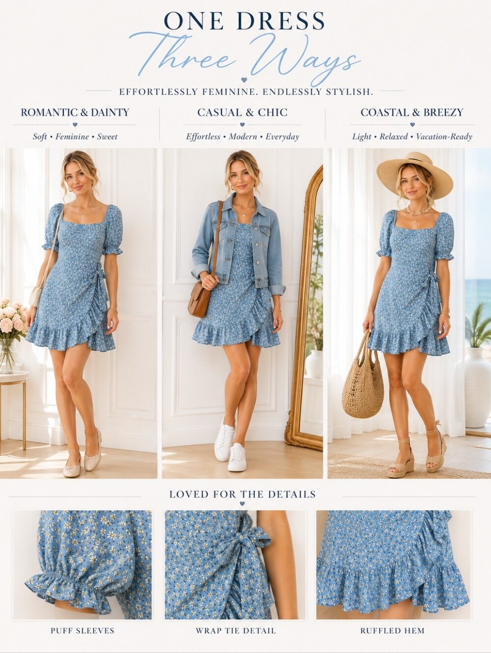 Blue Floral Wrap Dress Size S | Ruffle Hem Puff Sleeve Cottagecore Feminine - Picture 3 of 8